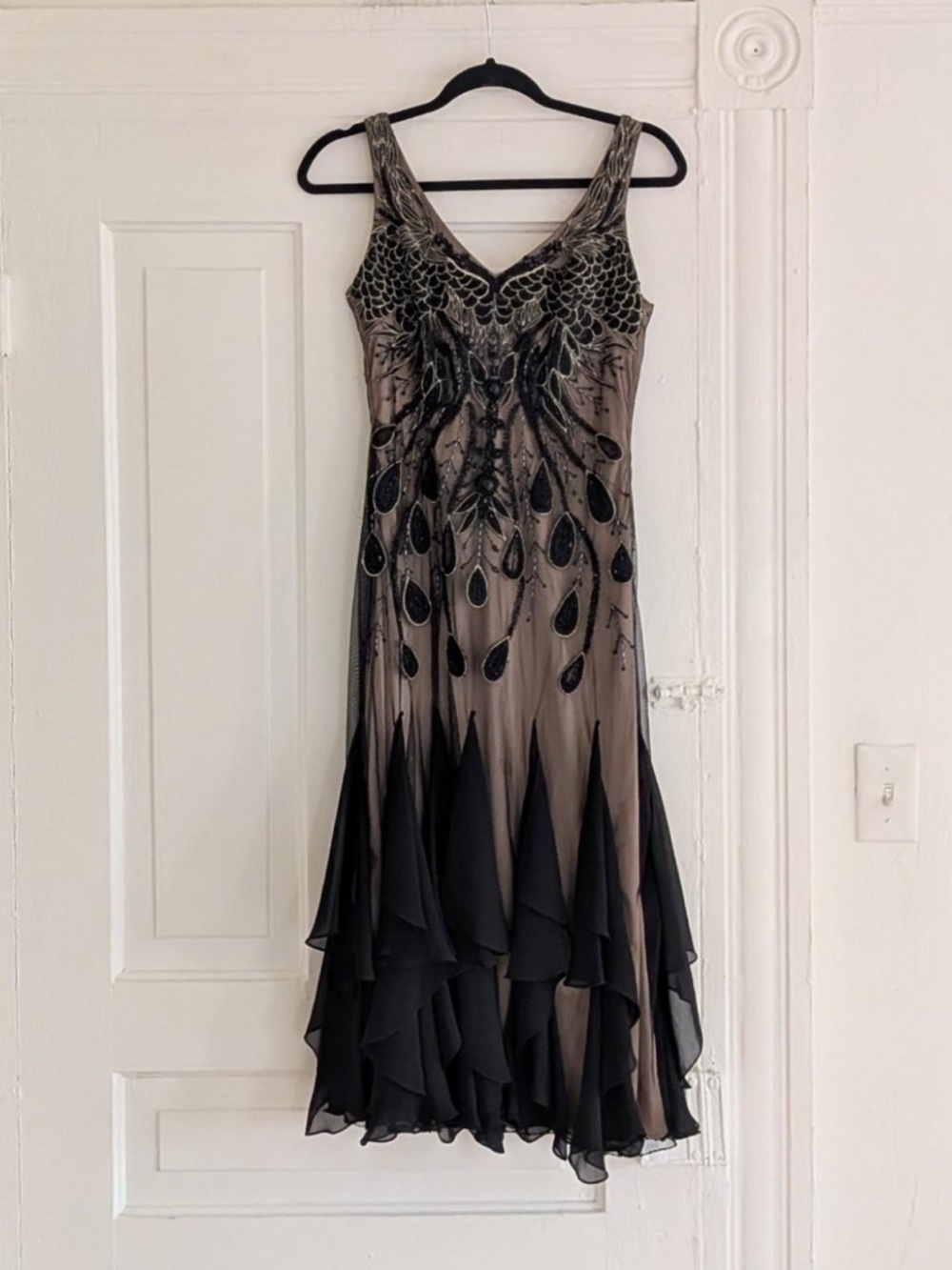 Sue Wong Black and Nude Beaded Midi Dress